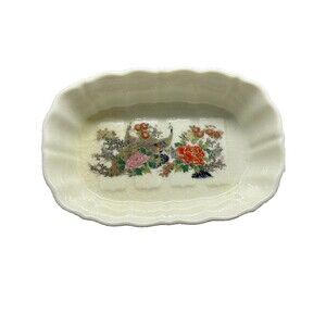 Porcelain Japan Gilded Peacock Flowers Crimped Edges Trinket Dish or Soap Dish